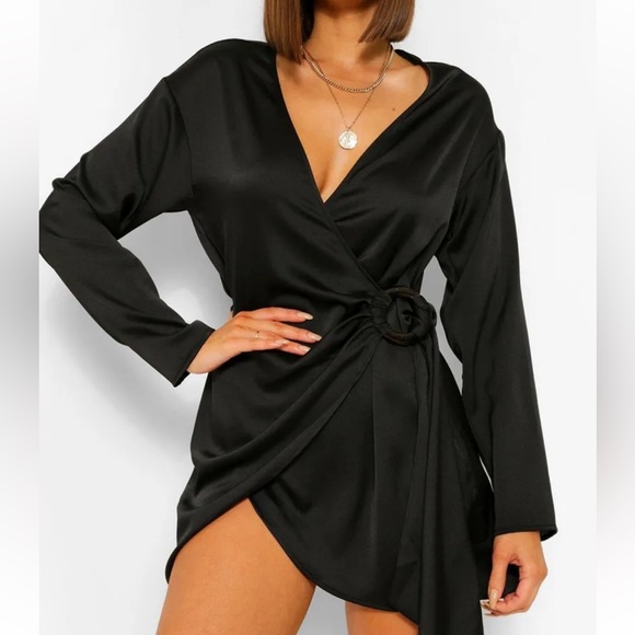 Boohoo Satin Wrap Shirt Style Dress - Picture 1 of 8